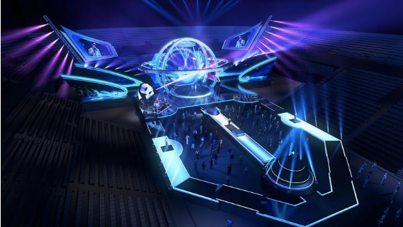 主舞台上的led屏幕具有旋转功能,其背部为串联而成的高强射灯组合