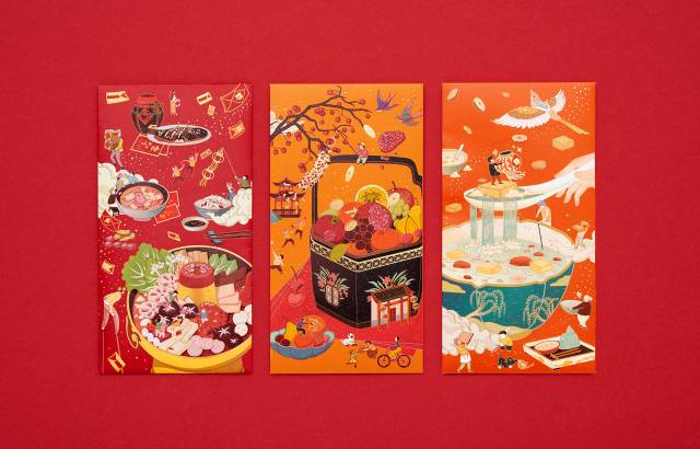 2018年插画新年礼盒画出最美的新年对联年夜红包守岁桌游