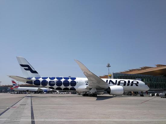 芬兰航空空客a350客机于6月1日上午降落在北京首都国际机场