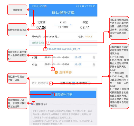 12306客户端内的候补购票示意图