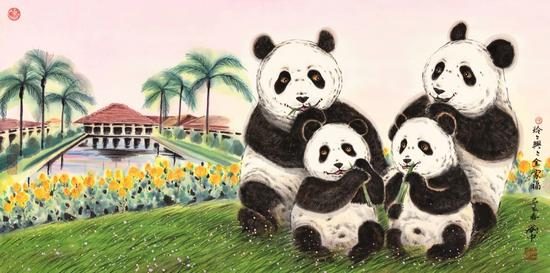 著名画家刘中在线教授美国肯塔基大学孔子学院教师画熊猫