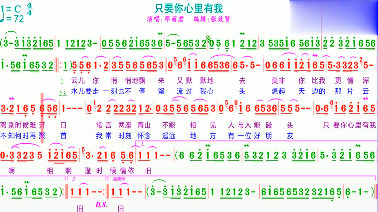 邓丽君演唱《只要你心里有我》的动态有声简谱