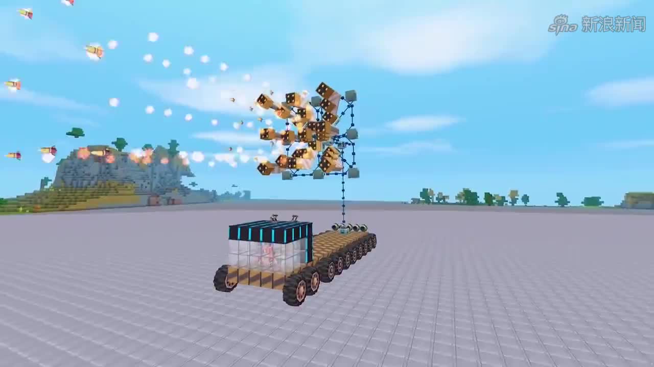 迷你世界黄金导弹战车轮子被队友炸飞在天上365度旋转