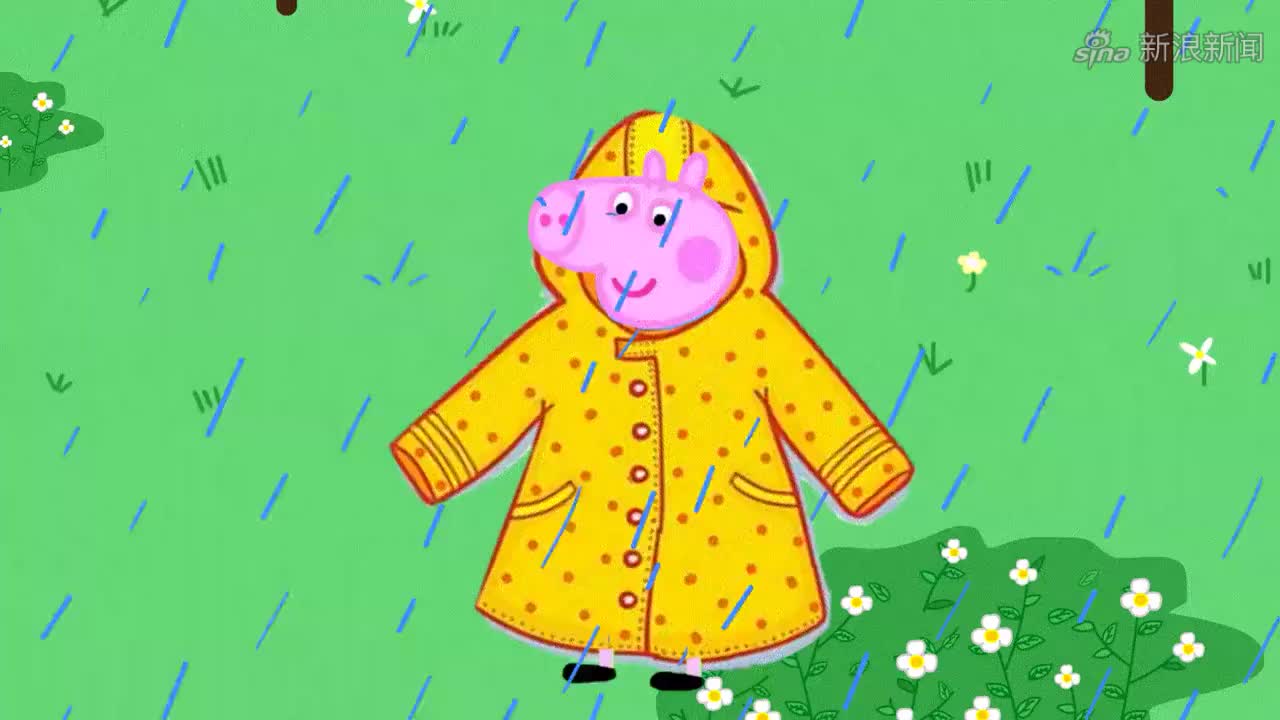 下雨天小猪佩奇和乔治发现淋雨的小鸡用树叶给它们挡雨