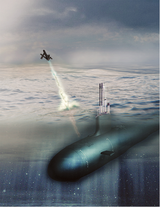 “弗吉尼亚”级核潜艇在潜望镜深度发射“黑翼”想象图