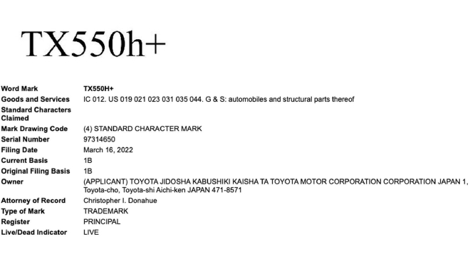 丰田提交TX550h+注册商标申请 或为雷克萨斯TX插混车型