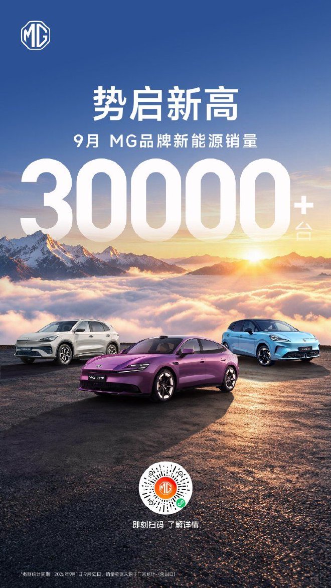 突破3万台 MG公布9月新能源销量