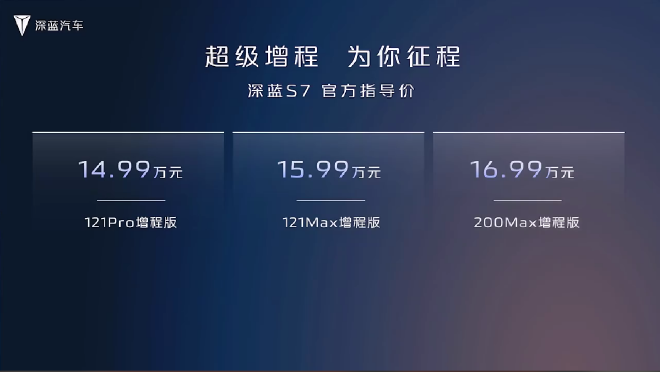 深蓝S7正式上市 售价14.99-20.29万元