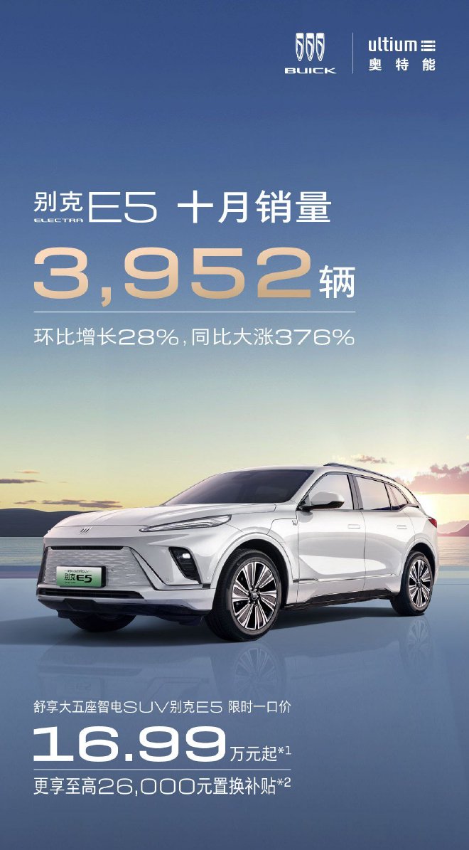 别克E5十月单月销量达3952辆 同比增长376%