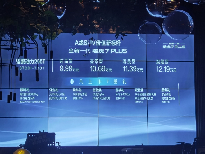 奇瑞全新一代瑞虎7 PLUS上市 售价9.99-12.19万元