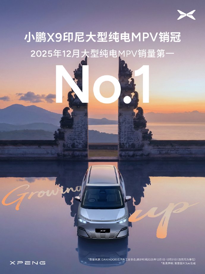 小鹏汽车：小鹏X9登顶2025年12月印尼纯电MPV销量冠军。