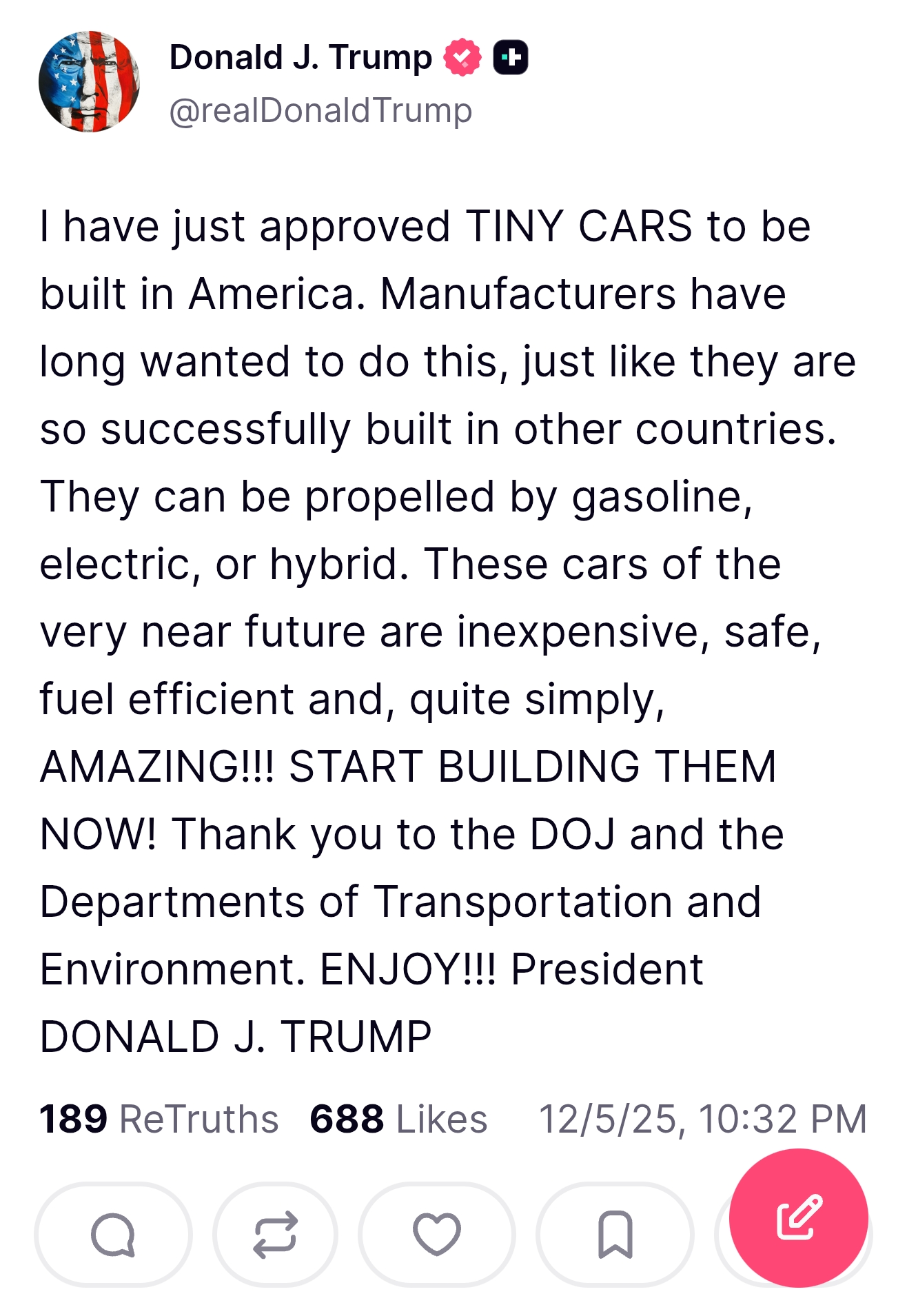 特朗普：这些微型汽车可以由汽油、电动或混合动力驱动。