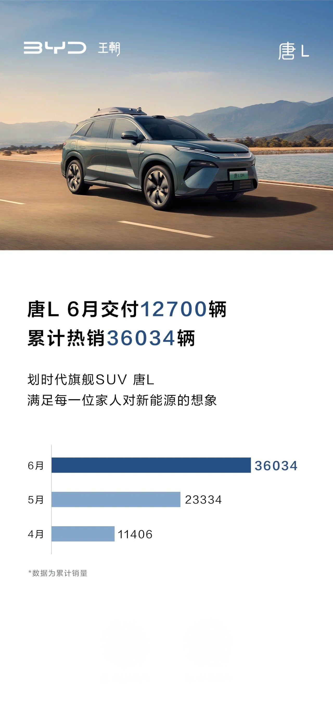 比亚迪汽车：至6月，唐L累计热销36034辆，连续三个月销量破万。