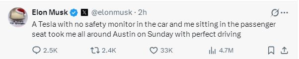 马斯克称其乘坐没有安全员的特斯拉自动驾驶汽车环游奥斯汀